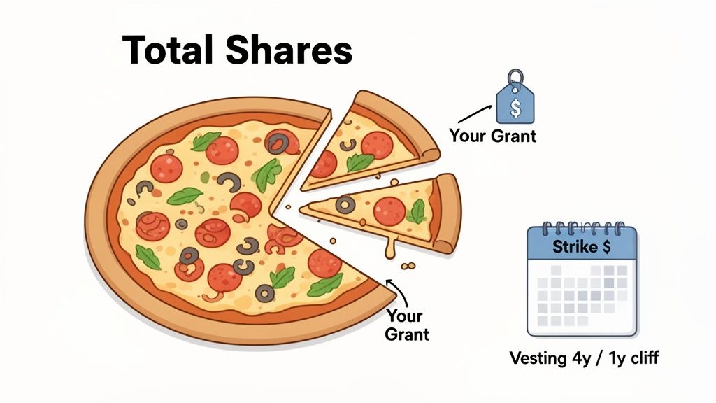 Illustration of stock grants as pizza slices with vesting terms (4y/1y cliff) and strike price.