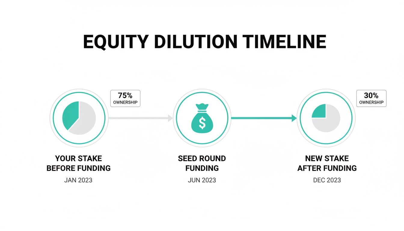 Equity dilution timeline graphic showing ownership decreasing from 75% to 30% after seed funding.