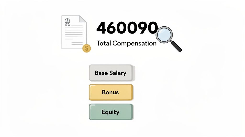An illustration of total compensation (460,090) broken down into base salary, bonus, and equity.