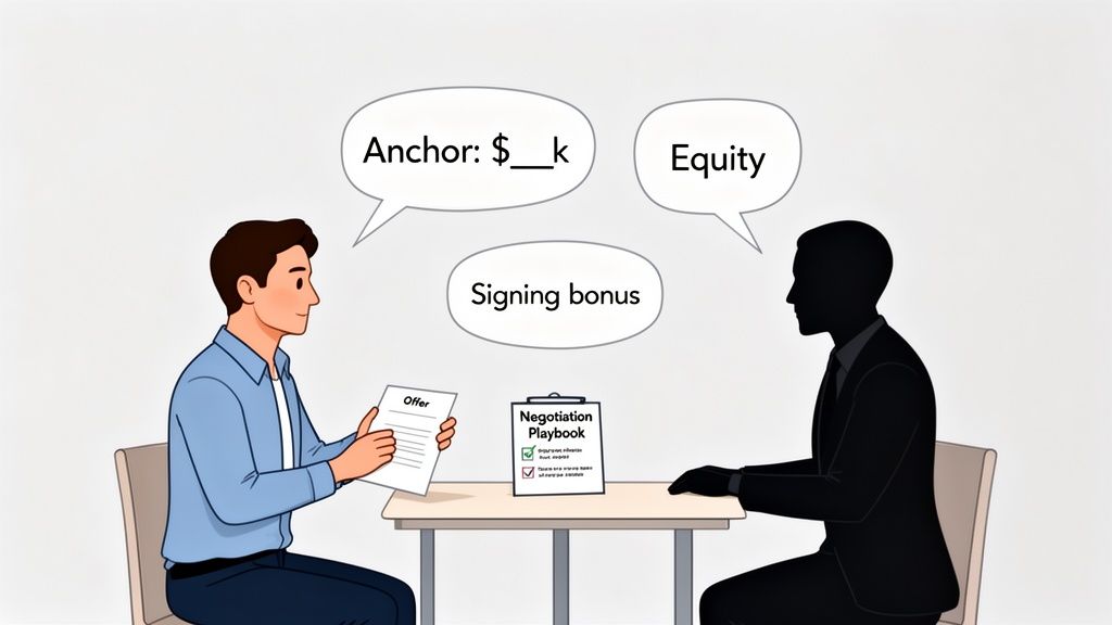 A man presents a job offer while another considers negotiation terms like anchor, equity, and signing bonus.