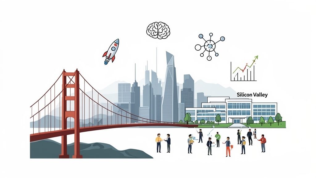 Illustration of Silicon Valley with the Golden Gate Bridge, a cityscape, tech icons, and diverse people.