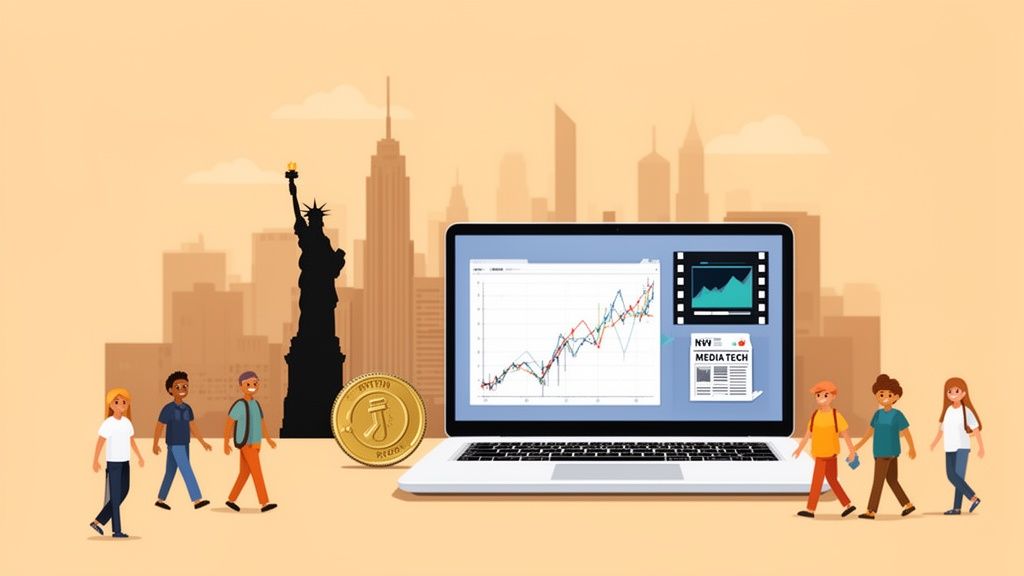 People walking past a laptop displaying financial graphs and tech news with the New York City skyline.