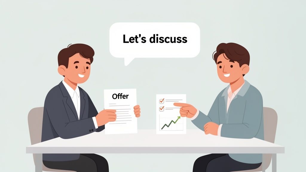 Two men discussing a business offer, holding documents with graphs and checklists.