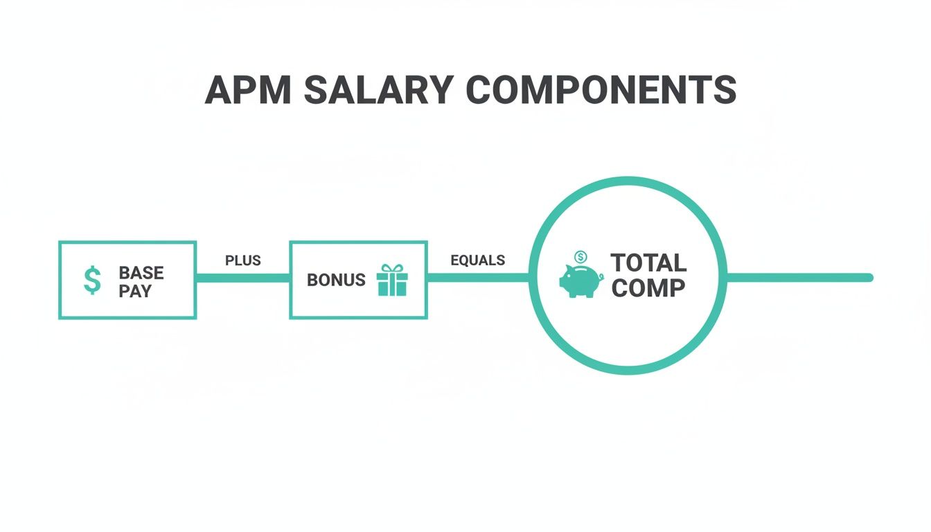 A diagram illustrating APM salary components: Base Pay plus Bonus equals Total Comp.