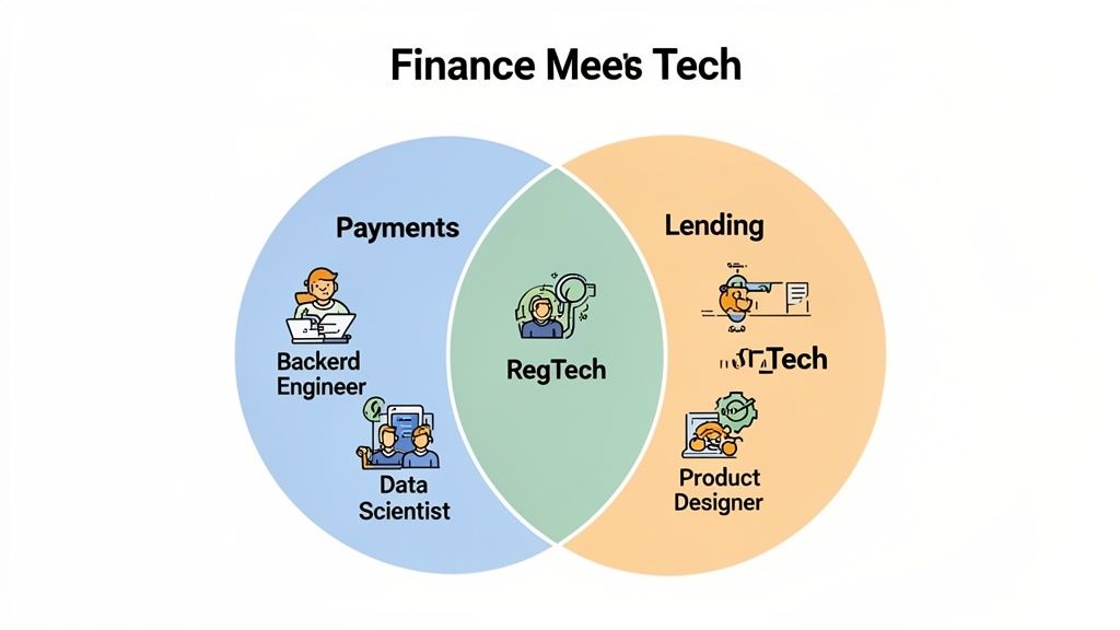 Venn diagram illustrating key roles and technologies at the intersection of finance and technology (FinTech).