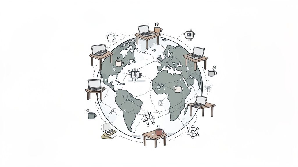 Digital illustration depicting laptops on tables globally connected by network lines, symbolizing remote jobs.