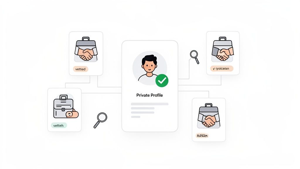 Illustration of a verified private profile connected to multiple professional opportunities and vetting statuses.