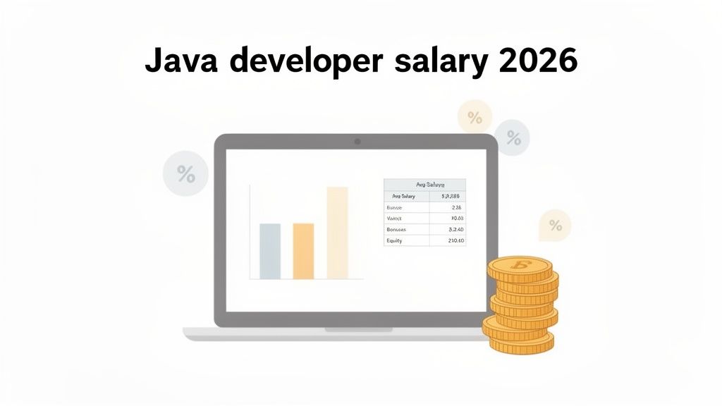 A laptop screen displays Java developer salary data for 2026, including average pay and bonuses, beside a stack of gold coins.
