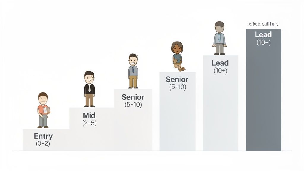 A bar chart illustrating a developer career progression path, showing levels from Entry to Lead with years of experience.