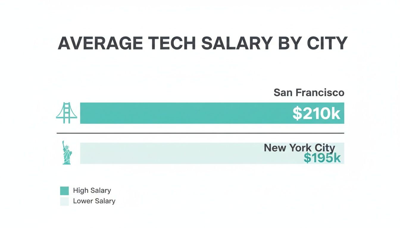 Bar chart comparing average tech salaries: San Francisco at $210k and New York City at $195k.