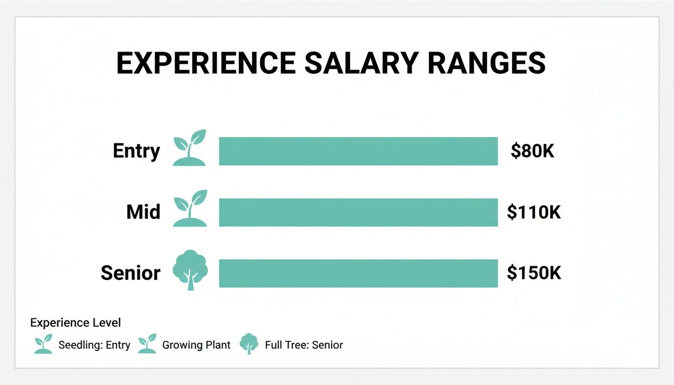 Experience salary ranges: Entry $80K, Mid $110K, Senior $150K, visualized with plant growth.