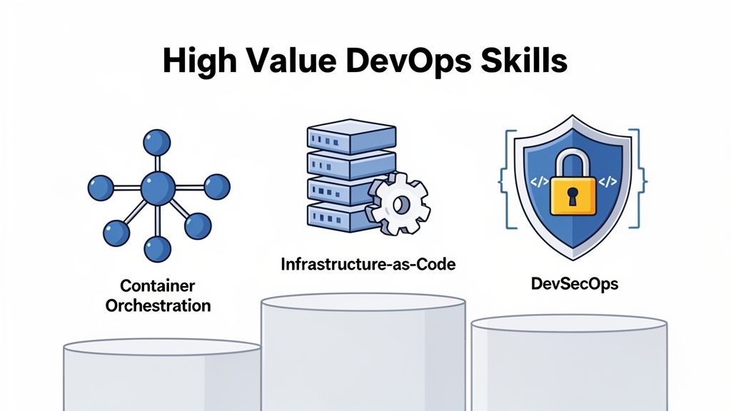 An image illustrating high-value DevOps skills: Container Orchestration, Infrastructure-as-Code, and DevSecOps.
