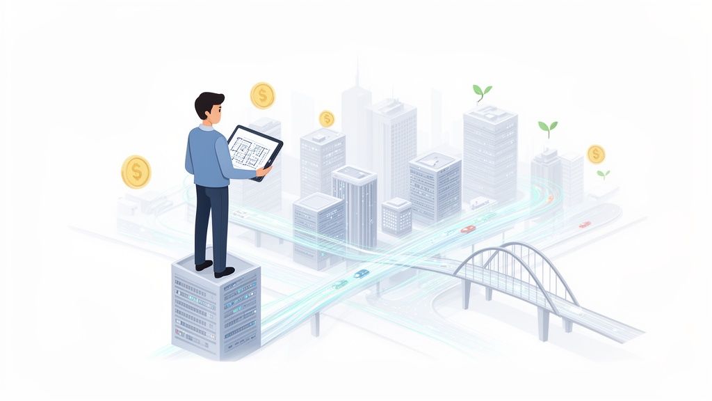An architect oversees smart city development with a tablet, integrating tech, finance, and green growth.