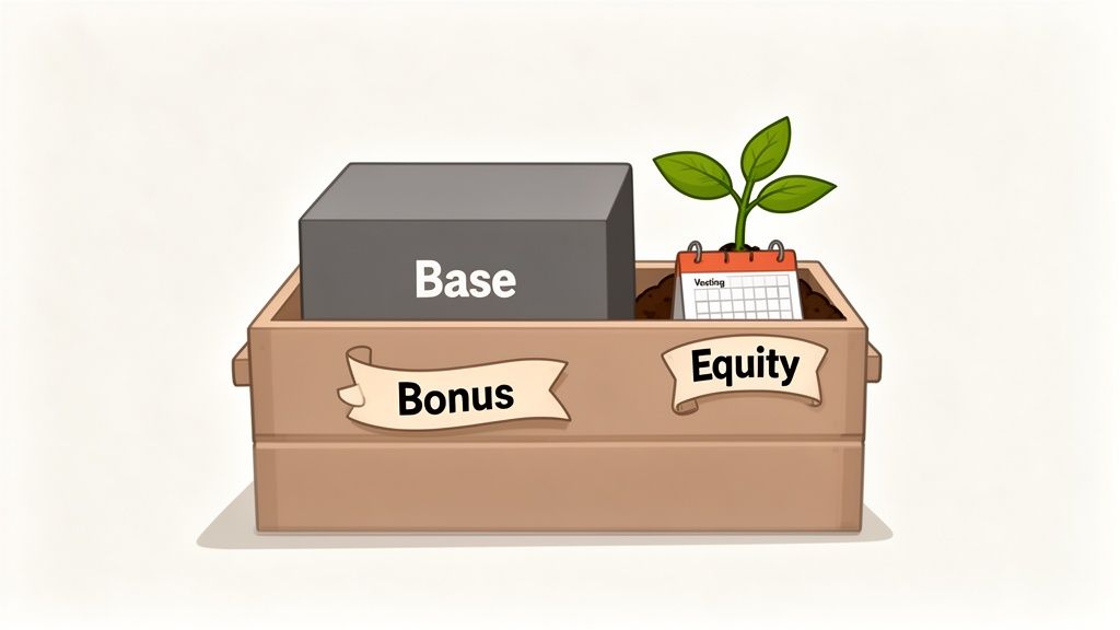 An illustration of a compensation package in a box with labels for Base, Bonus, and Equity, including a vesting calendar.