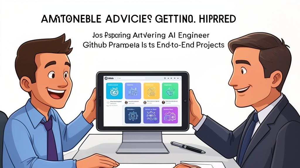 A professional cartoon showing two men discussing AI engineer career development and GitHub project portfolios.