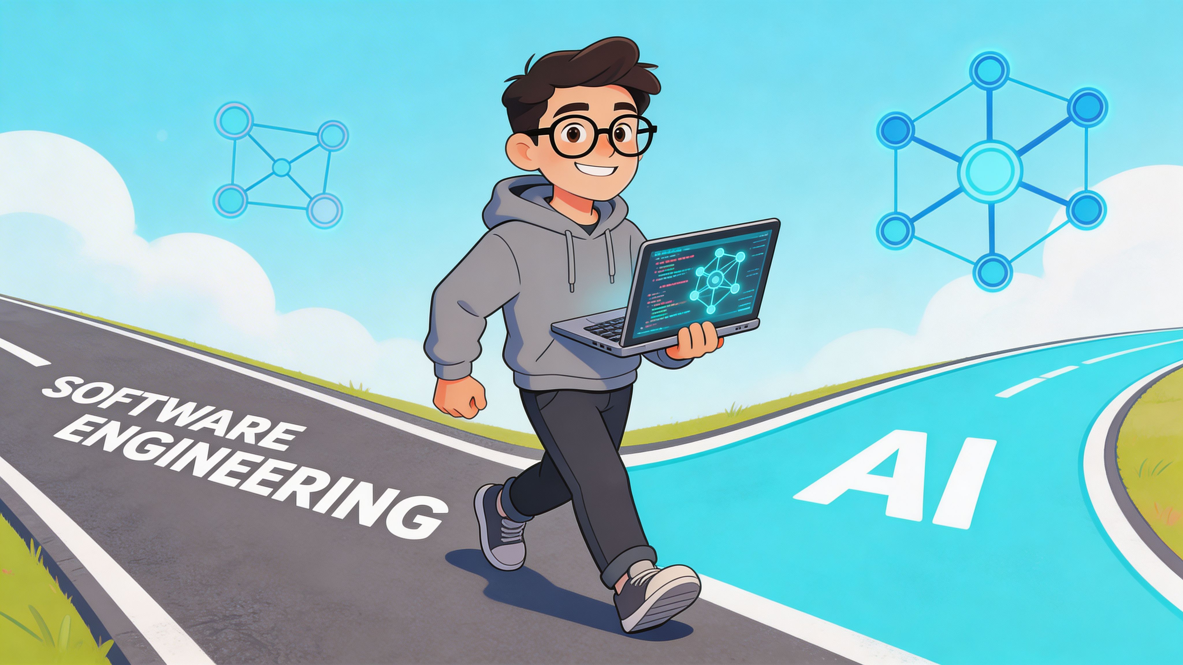 A cartoon illustration of a young software engineer walking between paths labeled Software Engineering and AI.