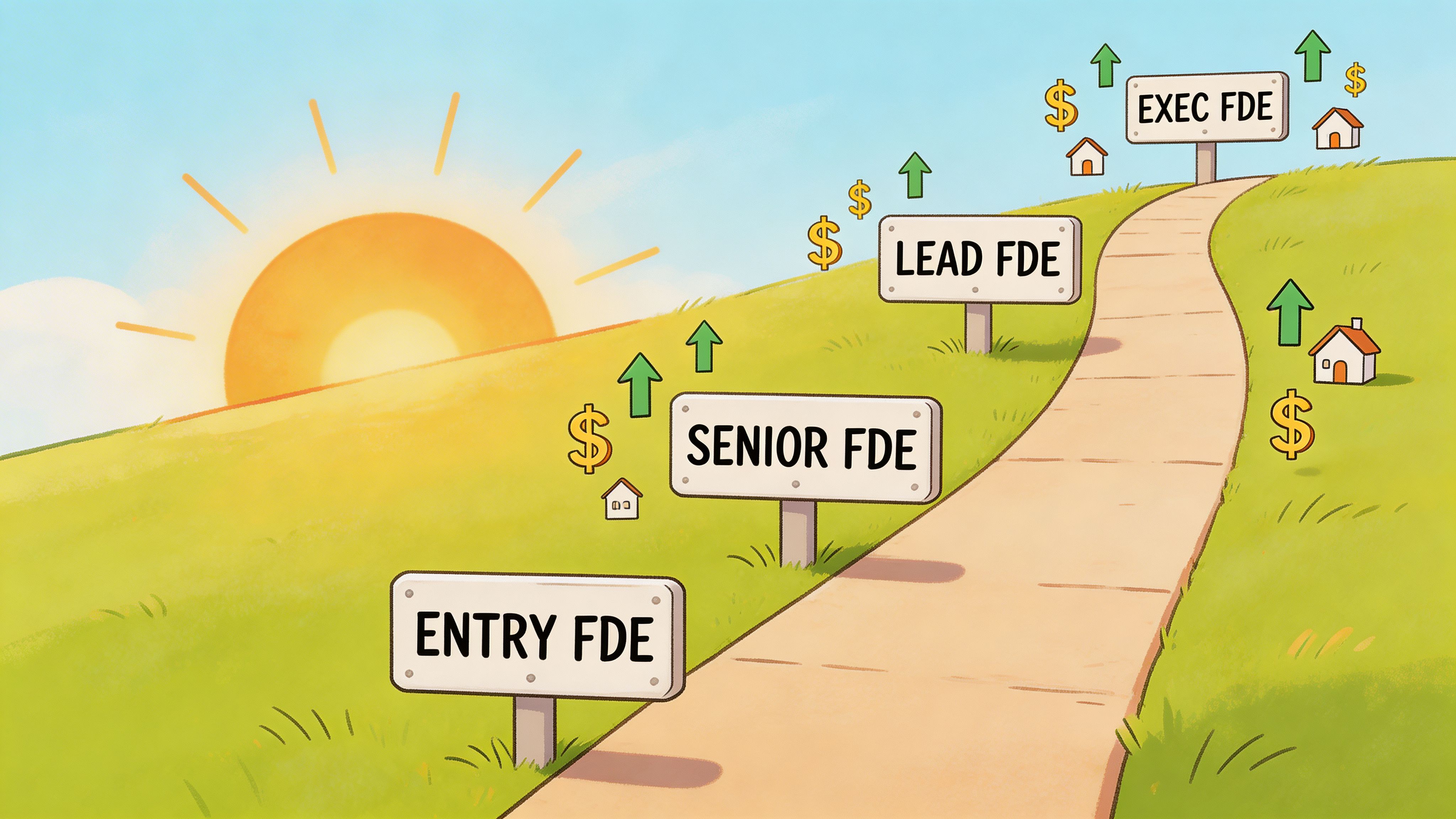 A path leading up a grassy hill with signs showing career advancement from entry to executive level.