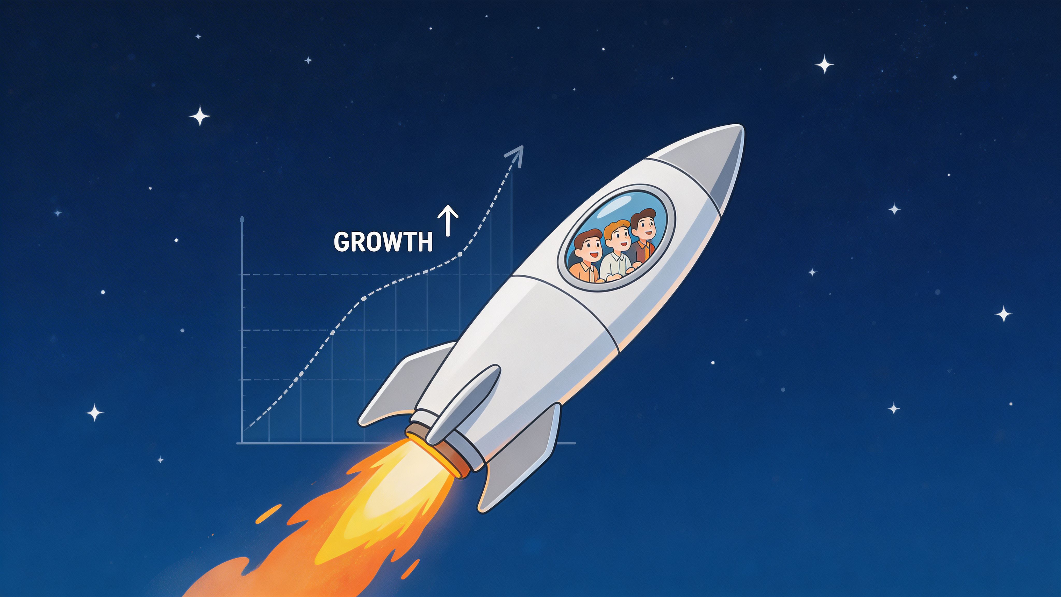 A cartoon rocket ship with three people inside flying upward, representing business growth and corporate success.