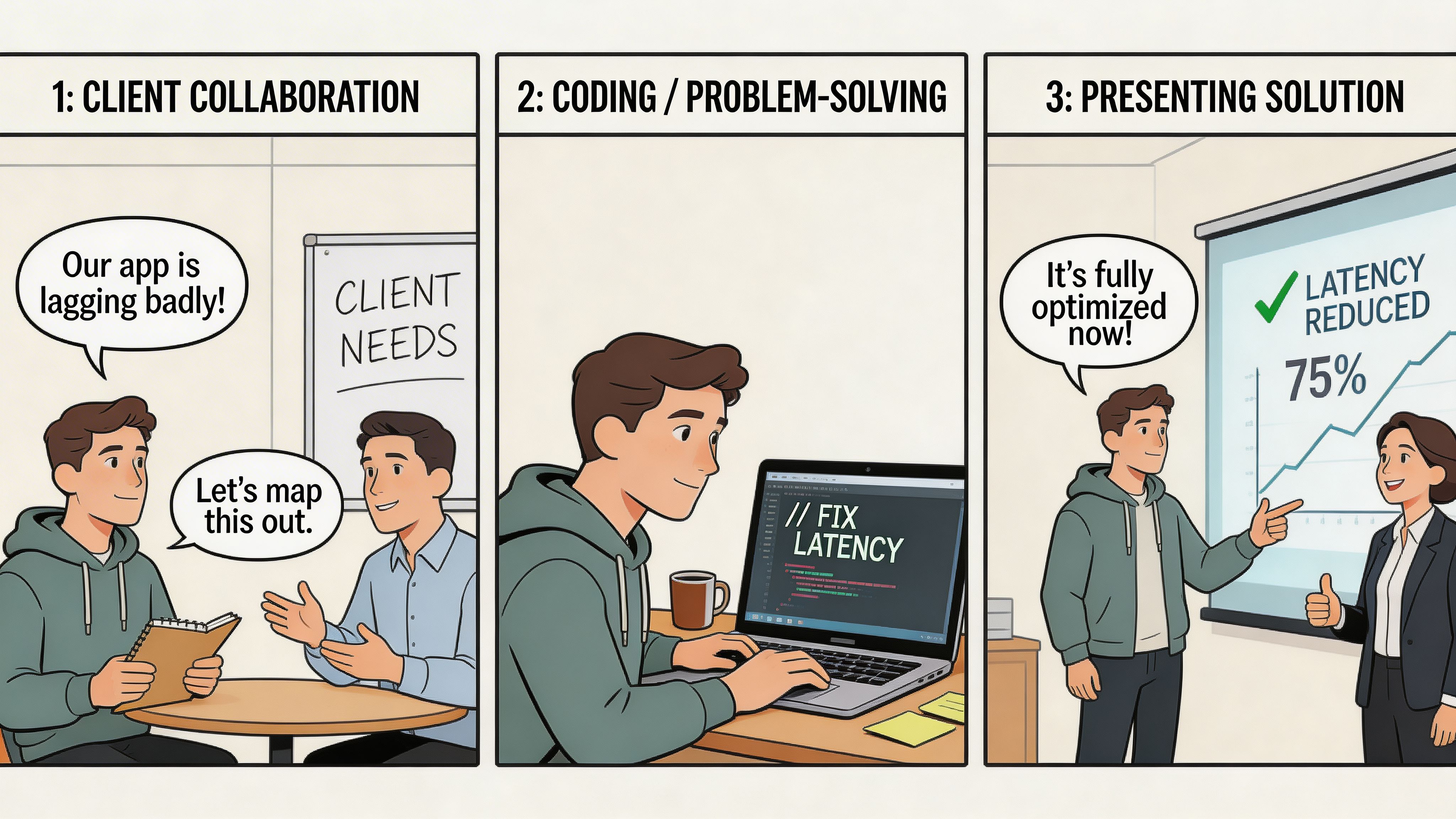 A three-panel comic illustrating a forward deployed engineer collaborating with a client, coding, and presenting results.