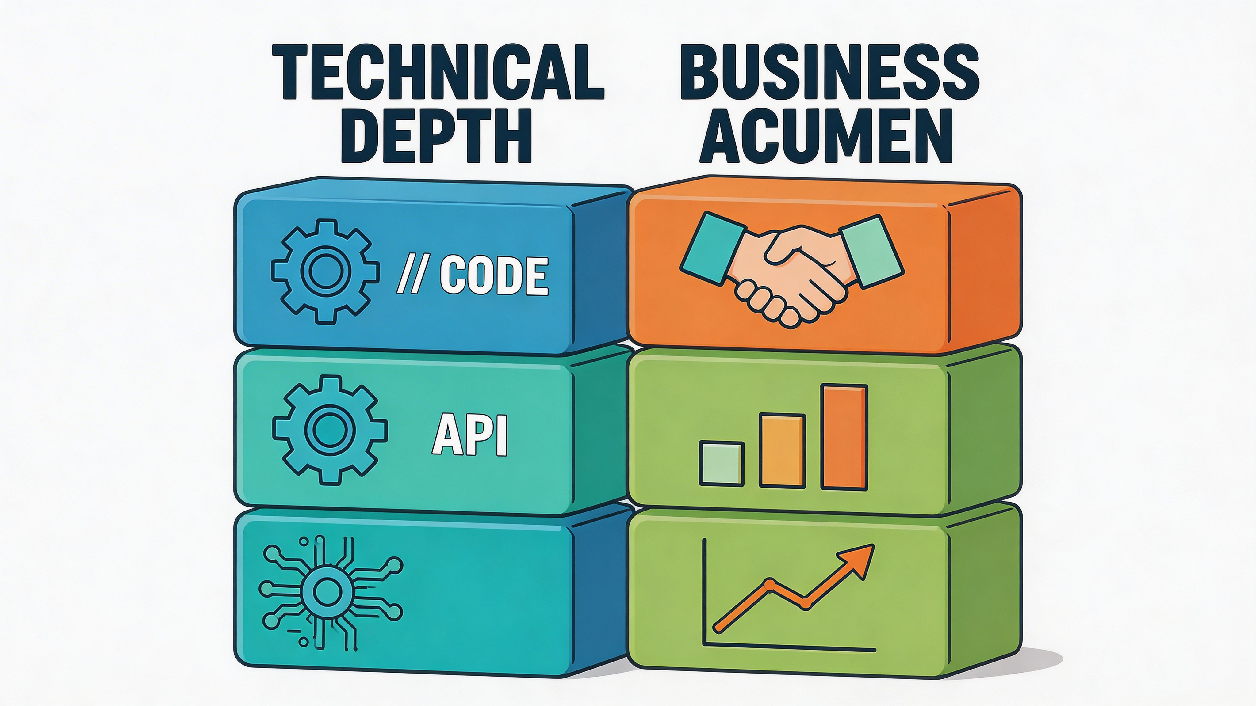 A graphic illustration comparing technical depth and business acumen with icons representing code, APIs, and business growth.