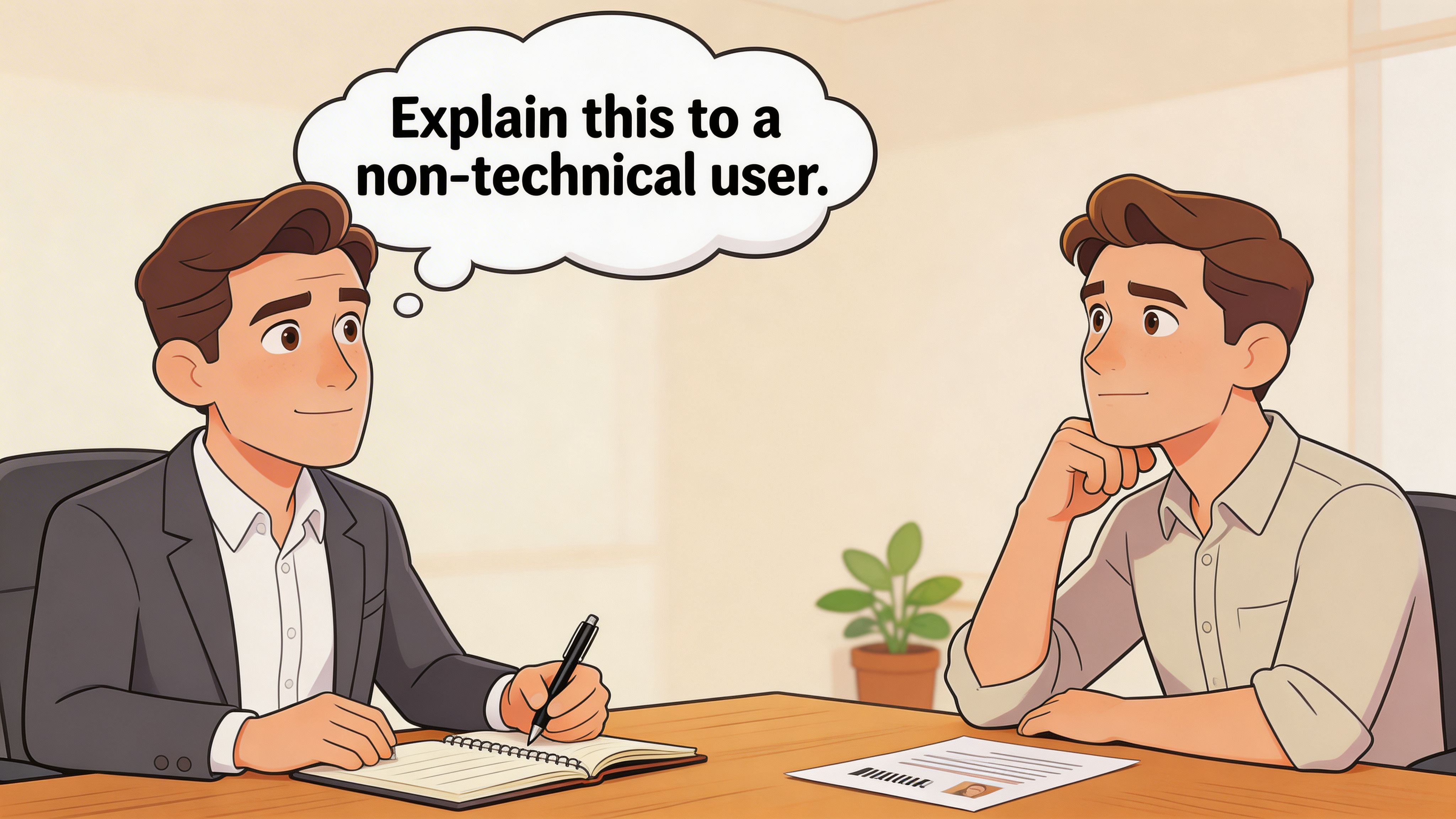 A professional man interviewing a candidate, pondering how to explain a complex topic to a non-technical person.