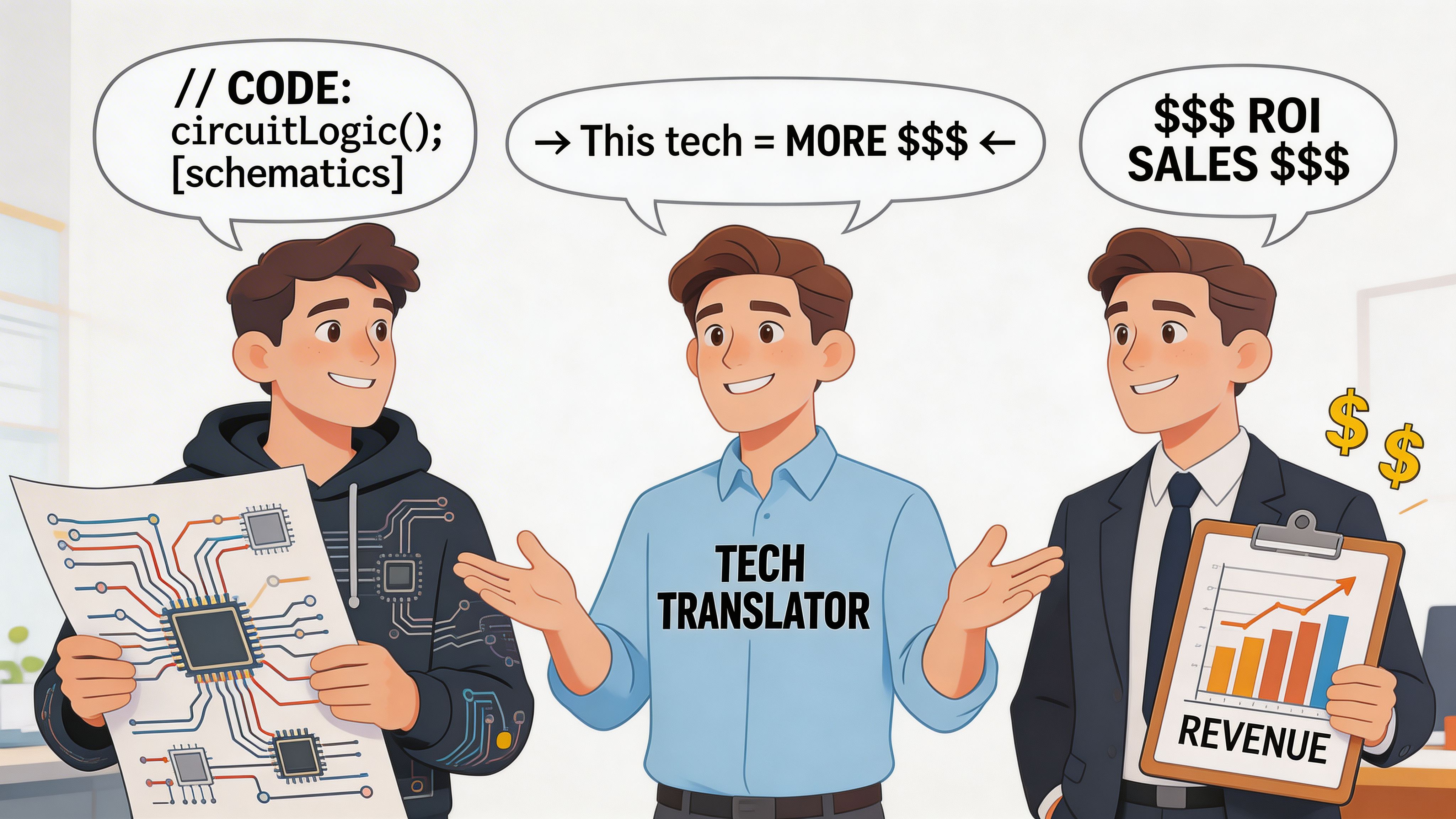 A tech translator stands between a developer with circuit diagrams and a businessman showing revenue charts.