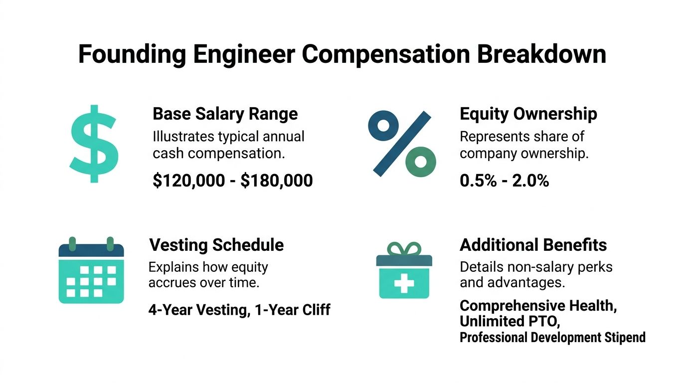 A infographic chart showing compensation details for a founding engineer including salary, equity, and benefits.