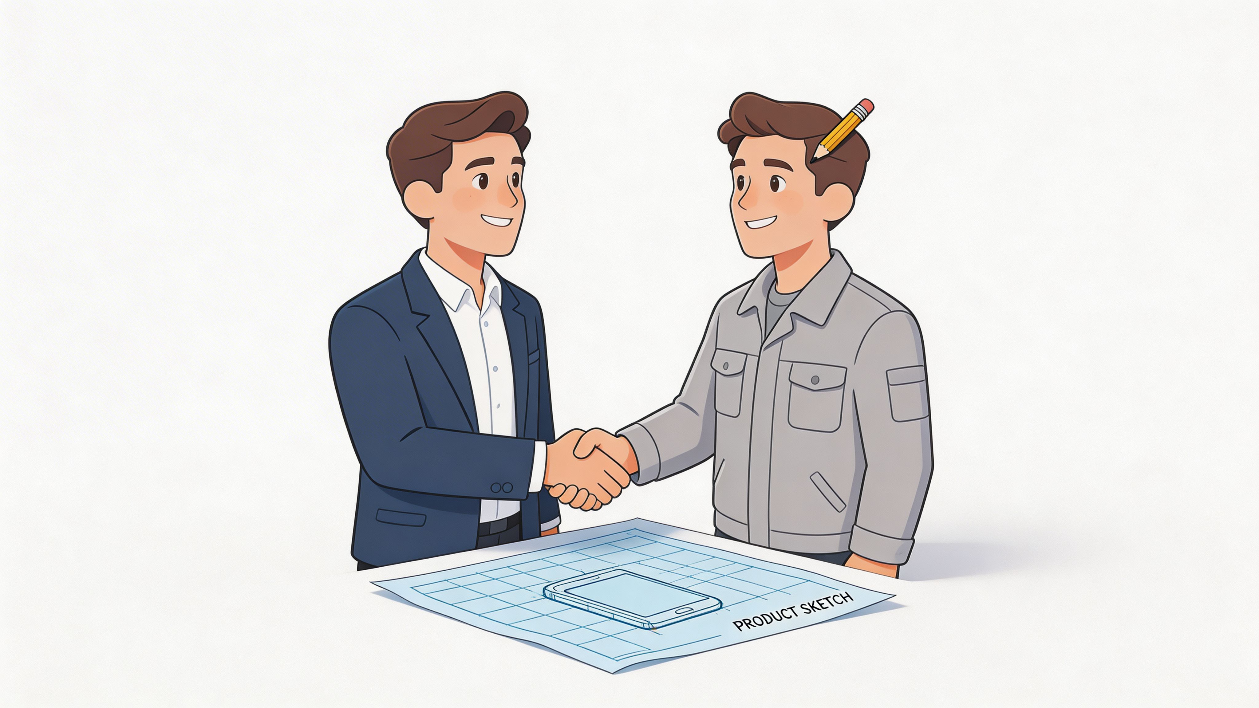 A professional in a suit shaking hands with an engineer who has a pencil tucked behind his ear.