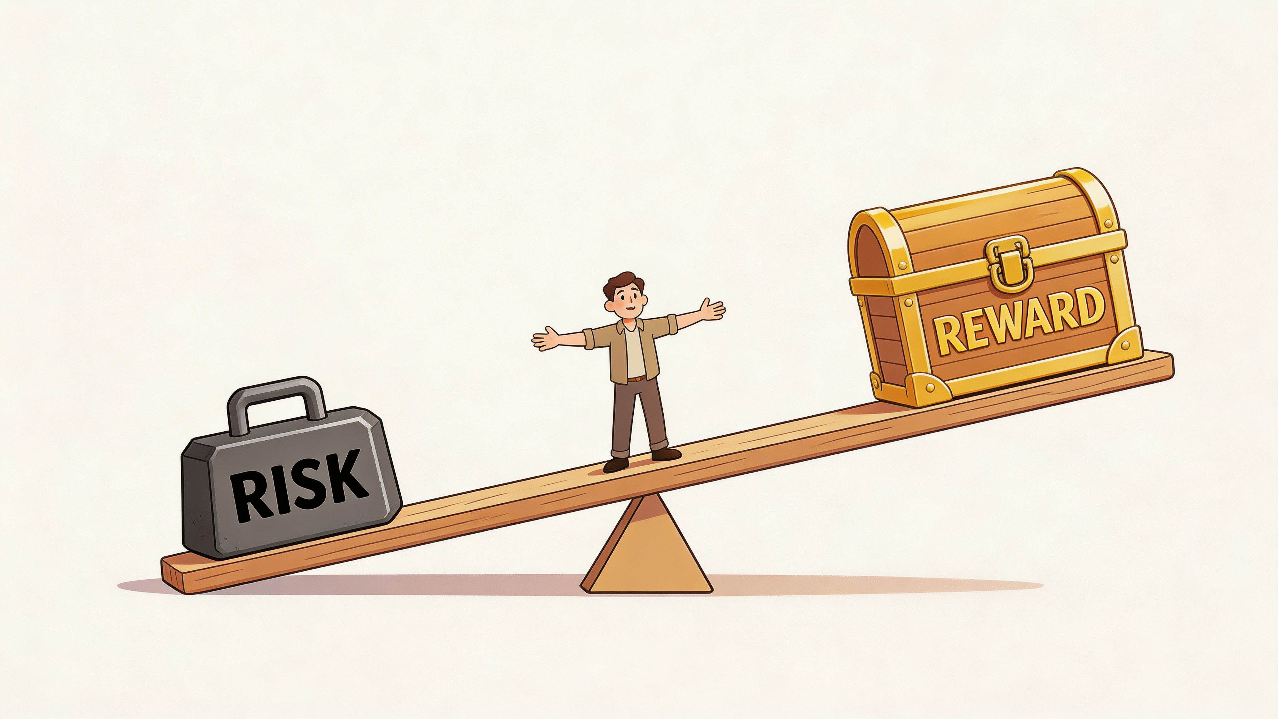 A conceptual illustration of a person balancing between a risk weight and a treasure chest reward.