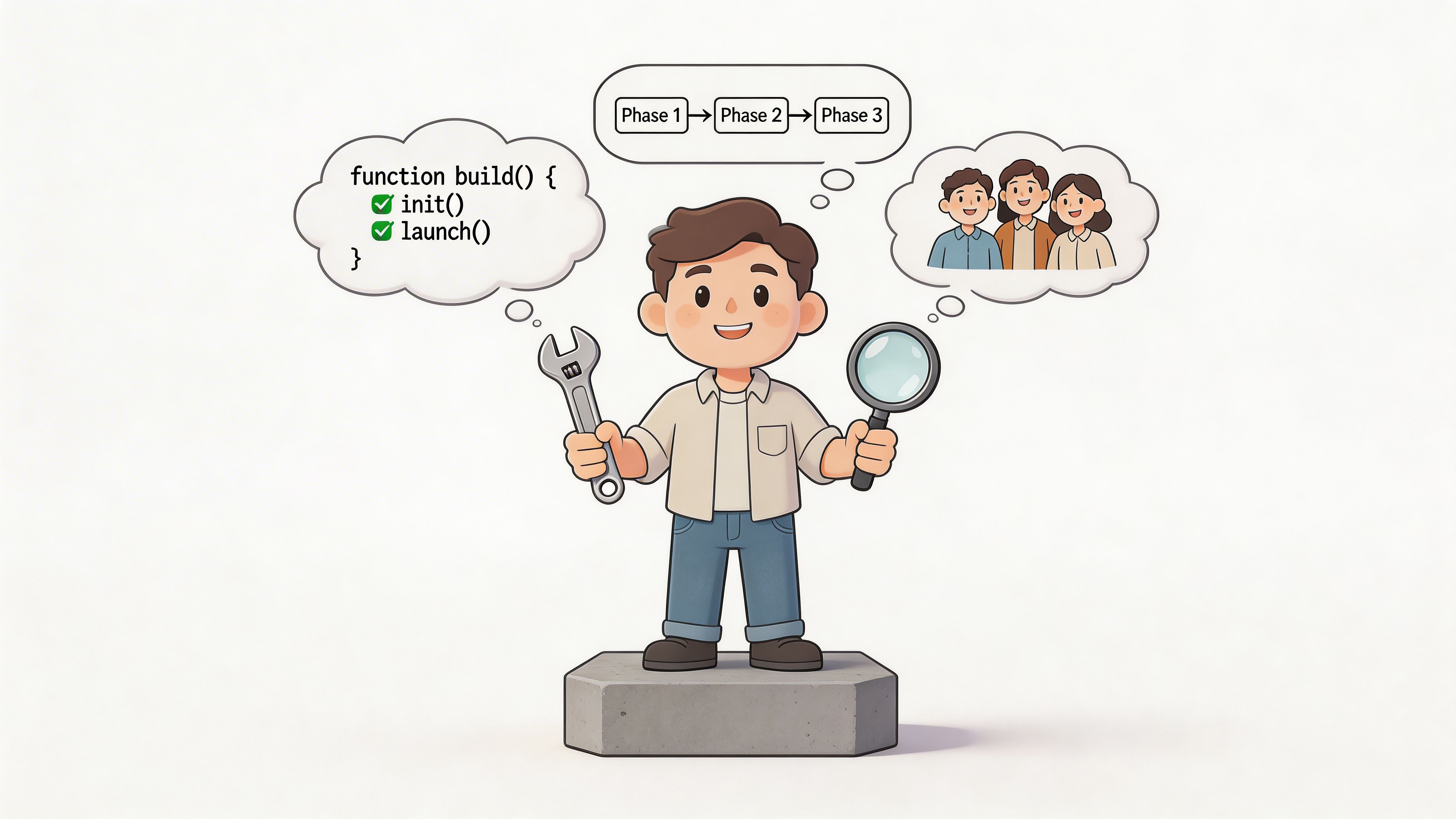 A cartoon illustration of a founding engineer holding a wrench and a magnifying glass with process thoughts.