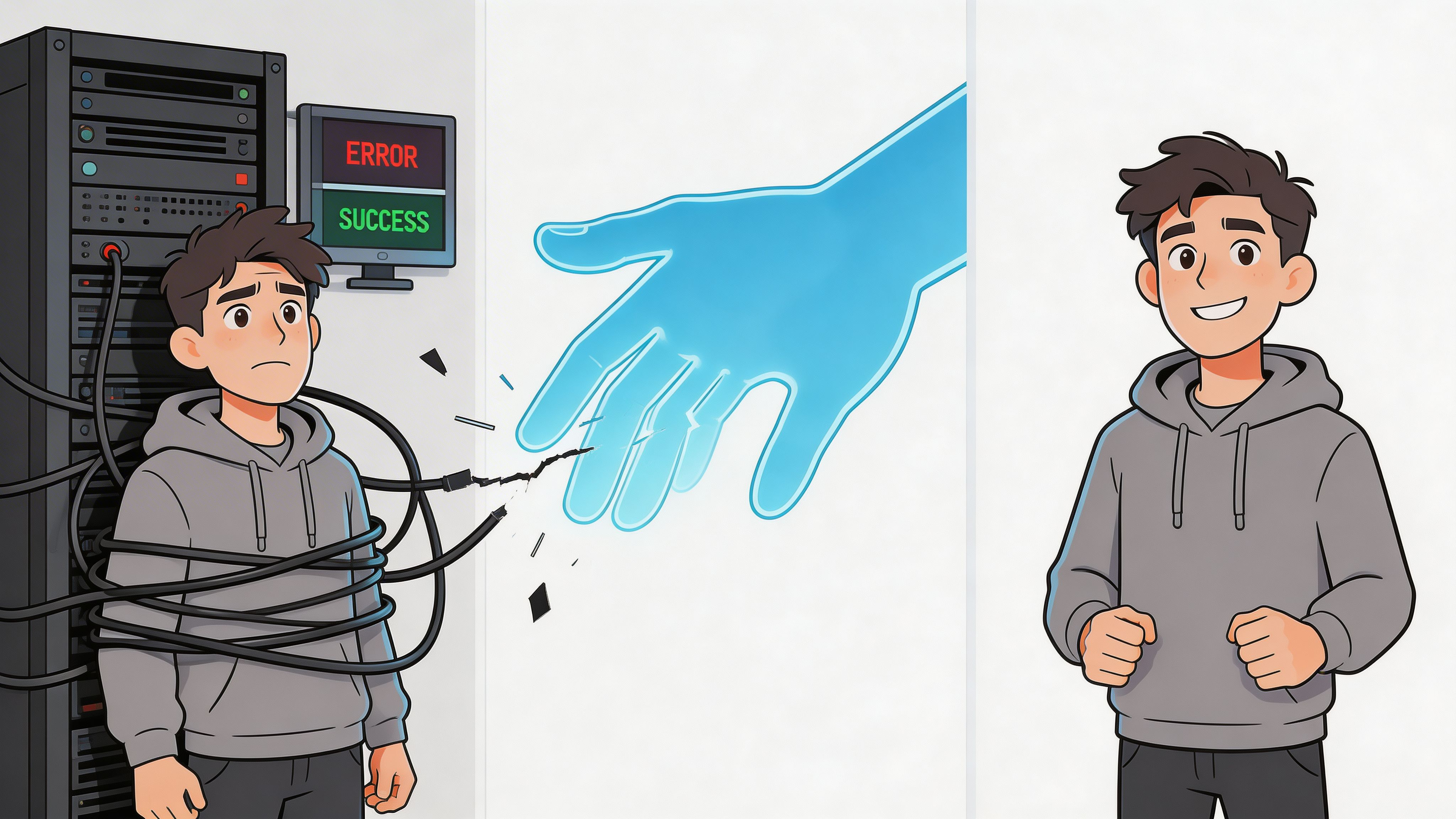 A cartoon illustration showing a person breaking free from server cables and feeling successful and happy.