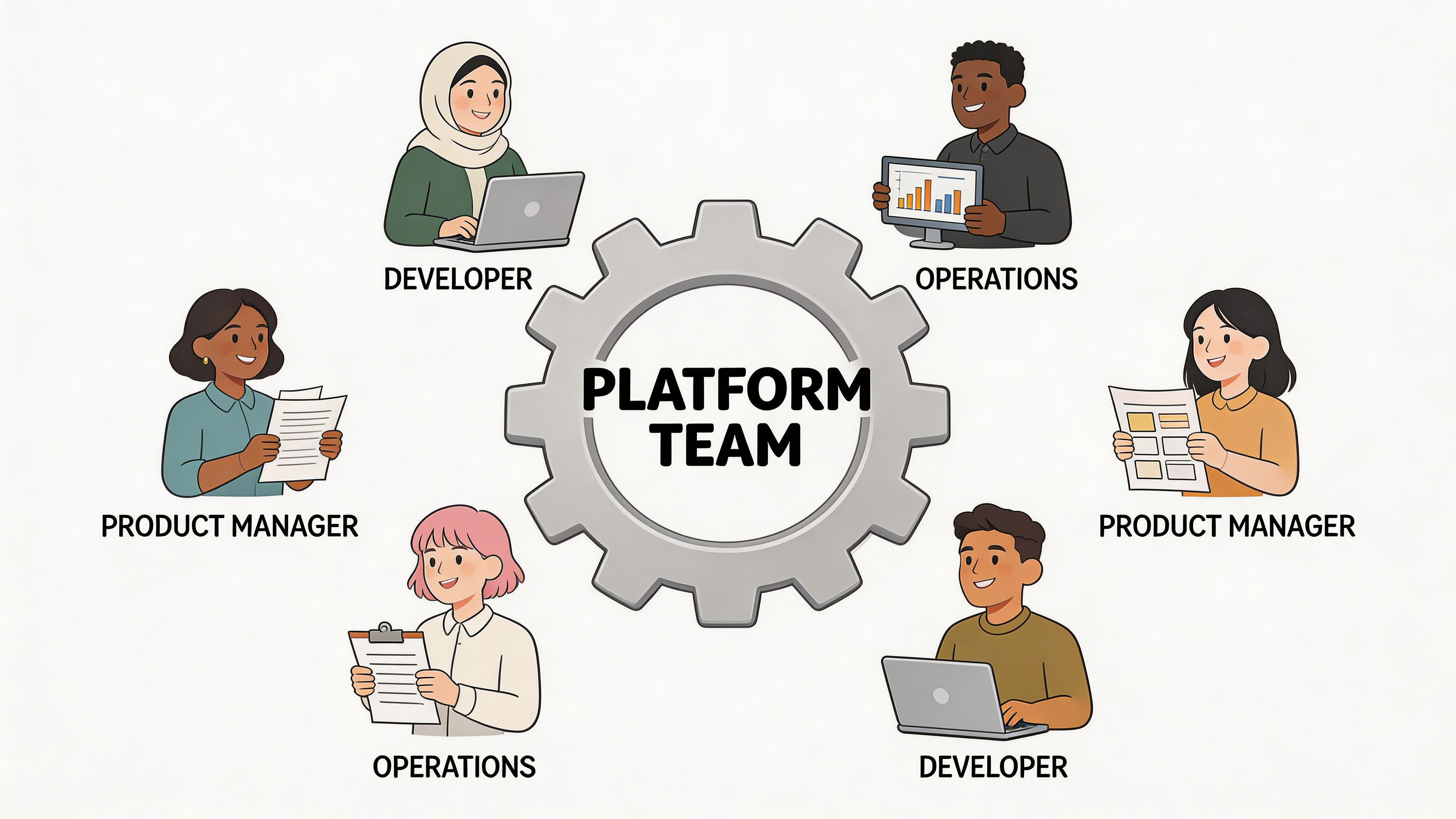 A diverse group of professionals surrounding a central gear icon representing a collaborative platform team environment.