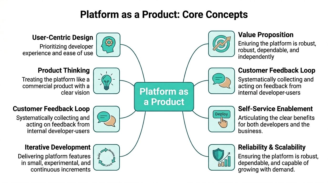 A mind map illustrating the core concepts of Platform as a Product in software development.