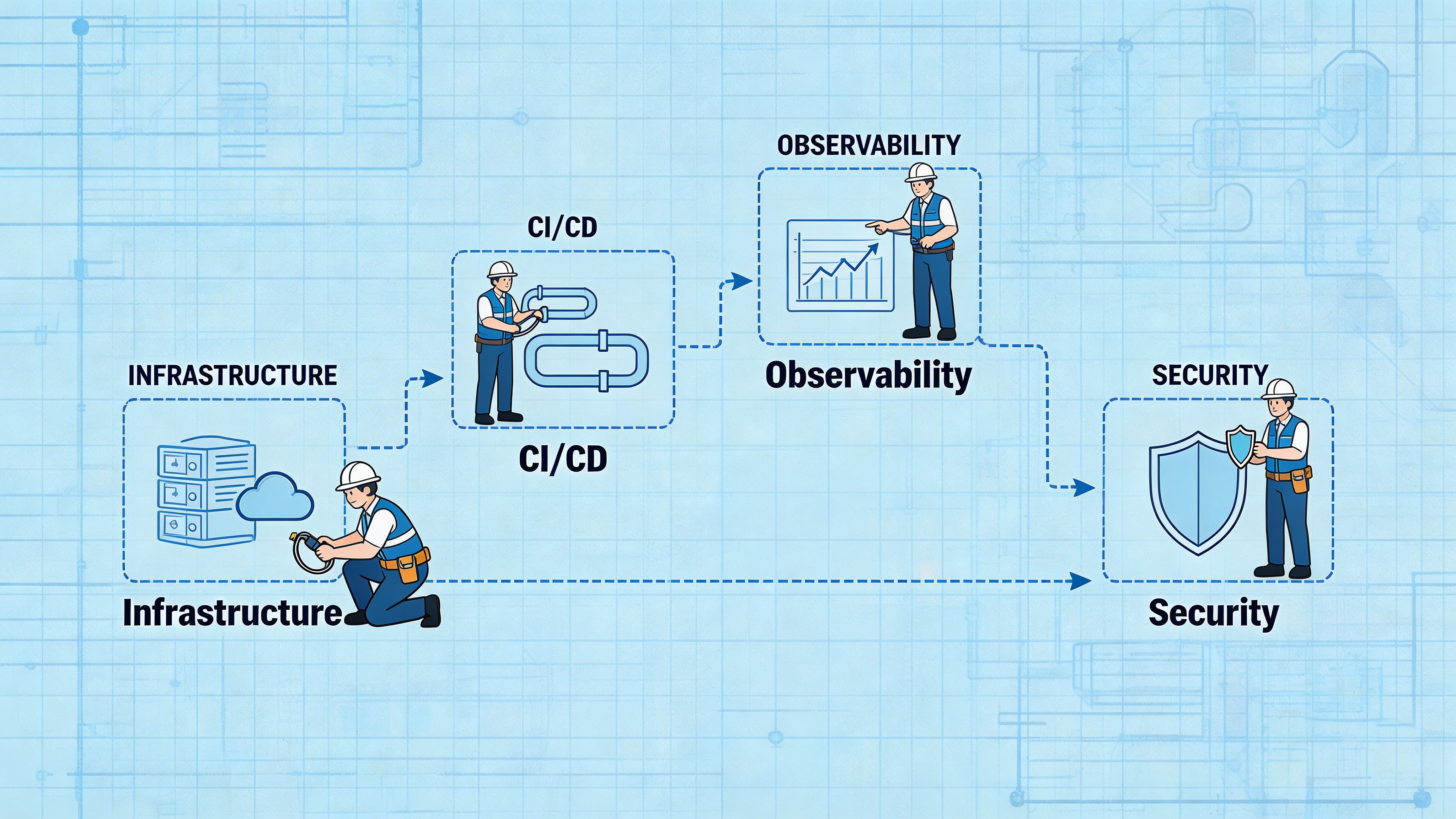 A diagram depicting the stages of platform software development including infrastructure, CI/CD, observability, and security with worker illustrations.