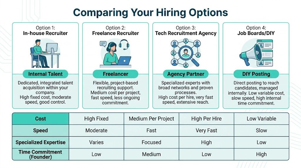 A comparison chart outlining four hiring options: in-house recruiters, freelancers, tech recruitment agencies, and job boards.
