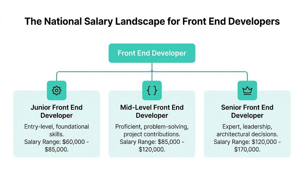 A diagram outlining salary ranges for junior, mid-level, and senior front end developer career levels.