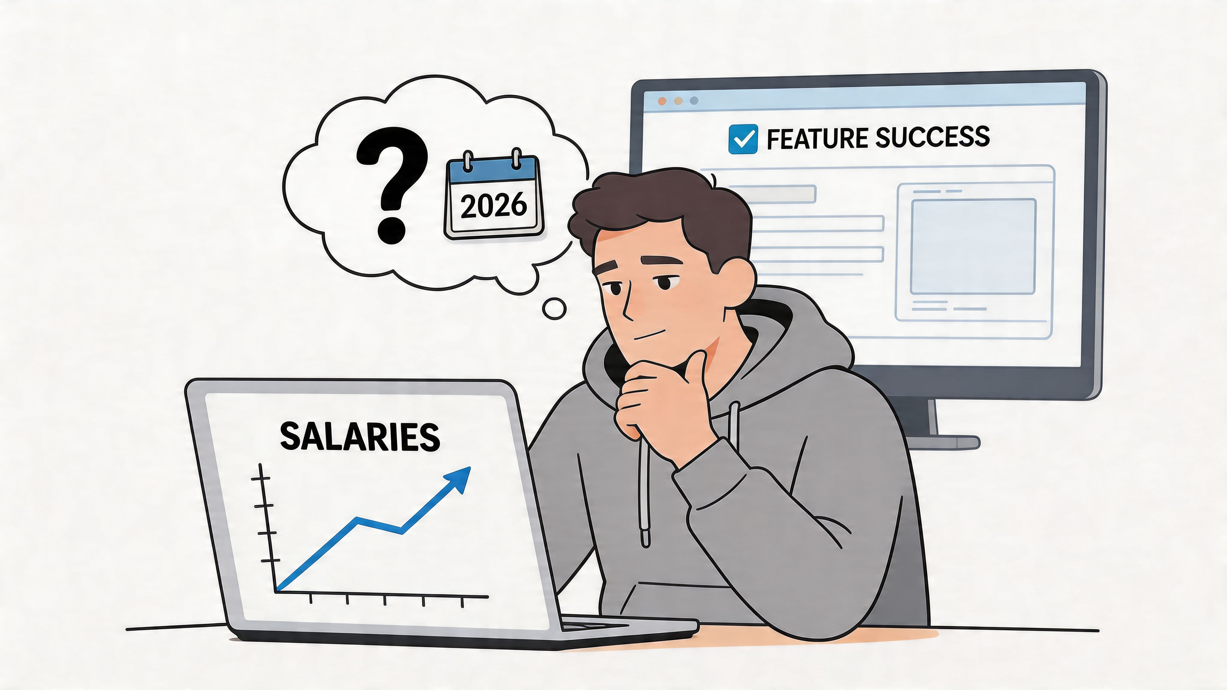 A cartoon front end developer thinking about salary trends and project milestones in the year 2026.