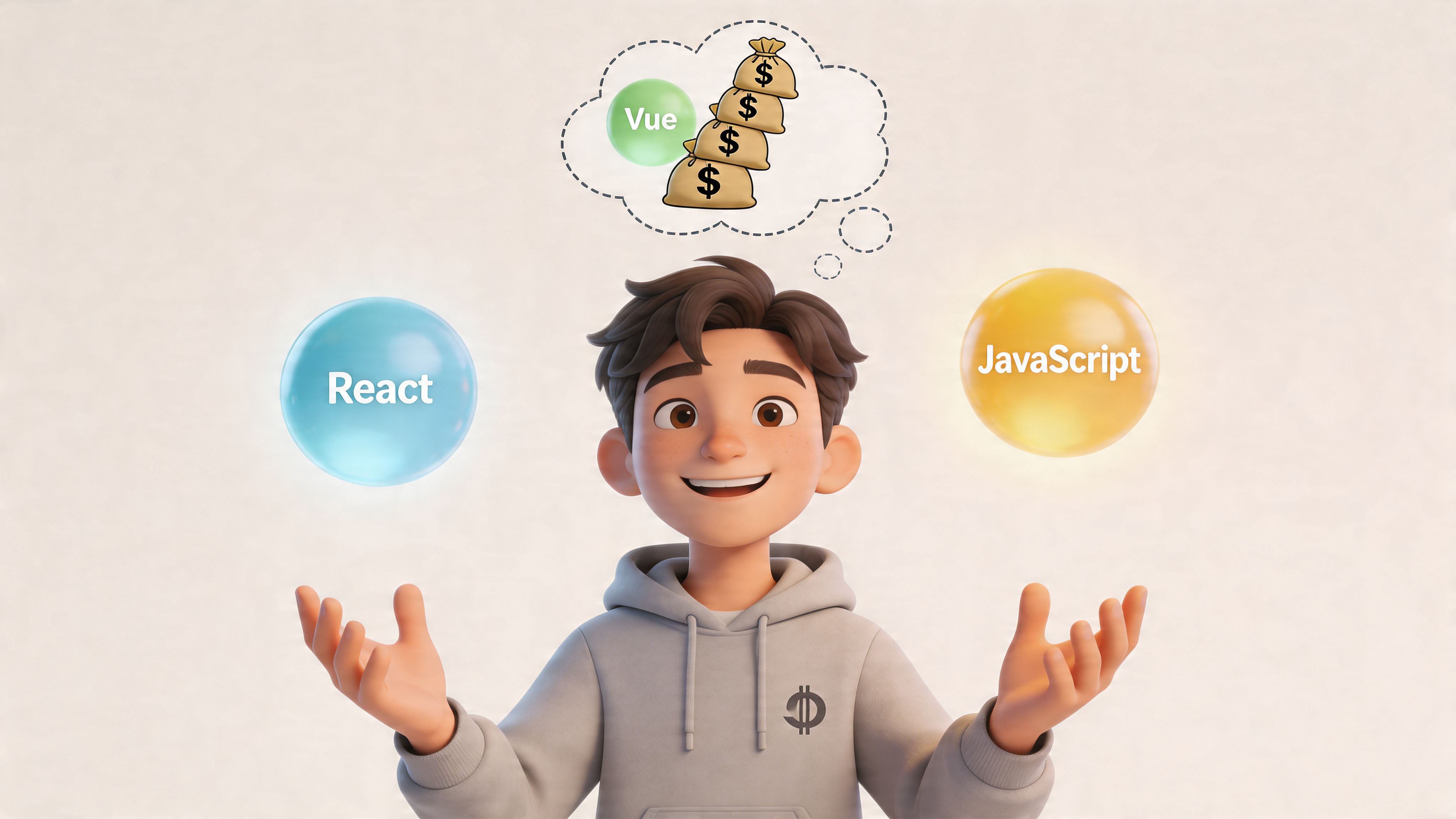 A 3D character smiling while contemplating front-end technologies React, JavaScript, and Vue with financial growth potential.