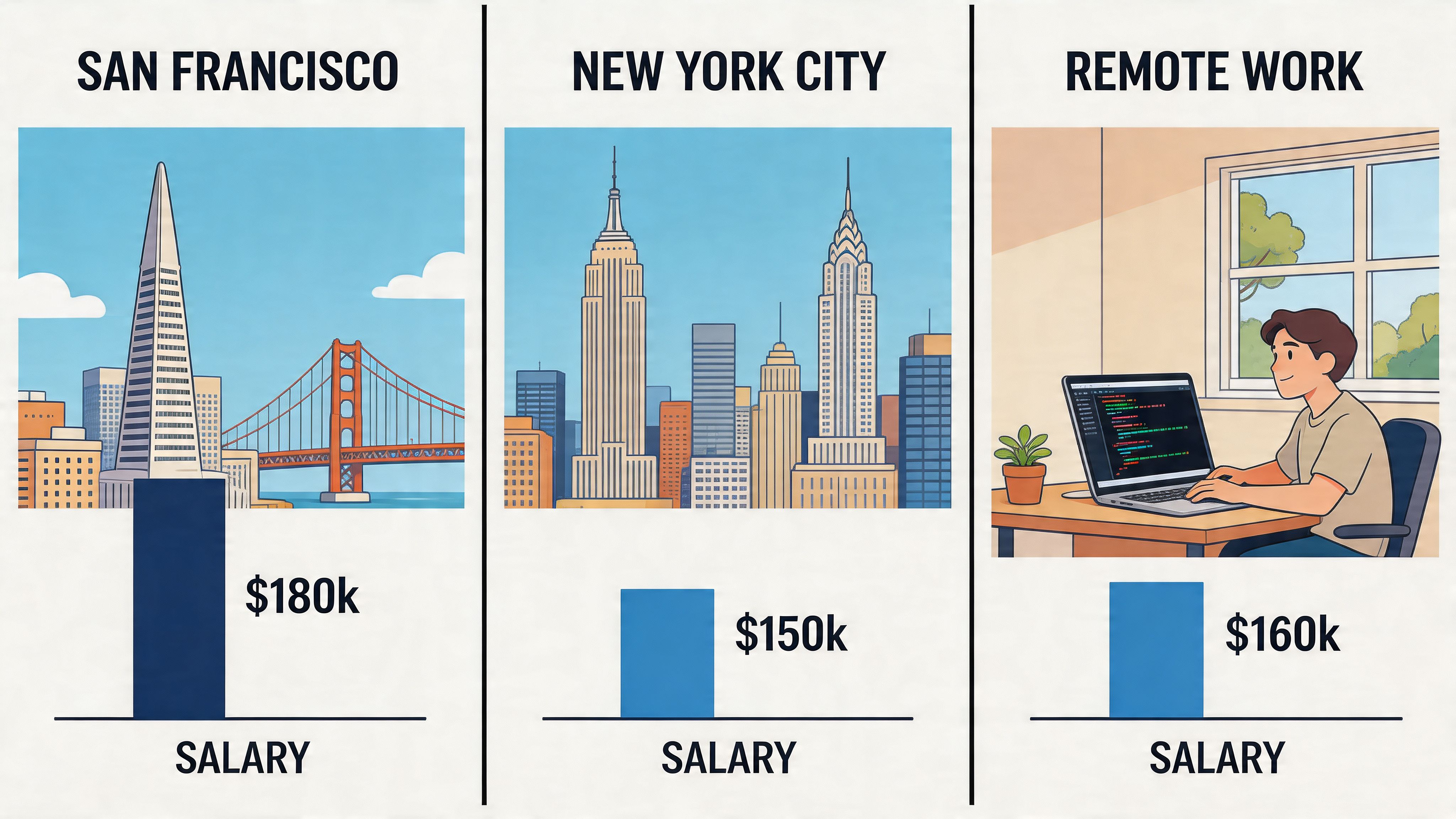 A bar chart comparing front end developer salaries in San Francisco, New York City, and remote work.