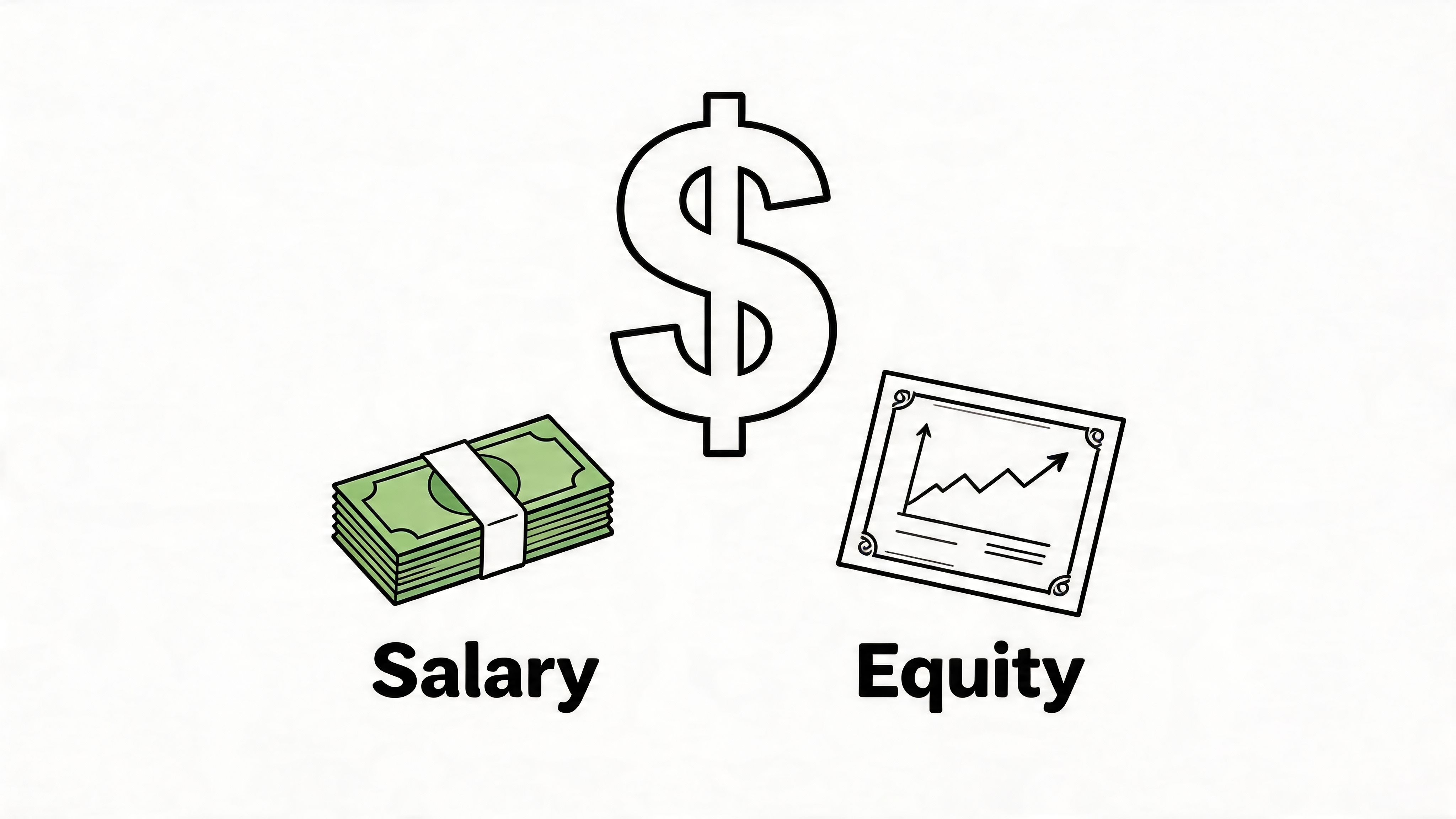 A dollar sign icon positioned above illustrations of a cash stack and a stock certificate representing financial compensation.