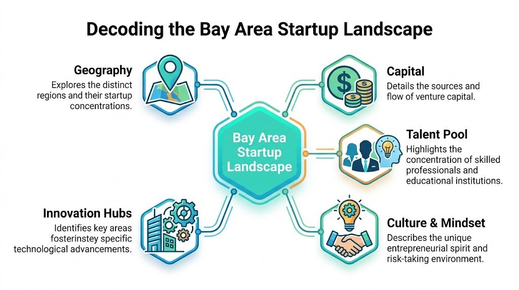 A visual infographic titled Decoding the Bay Area Startup Landscape illustrating its key growth components.