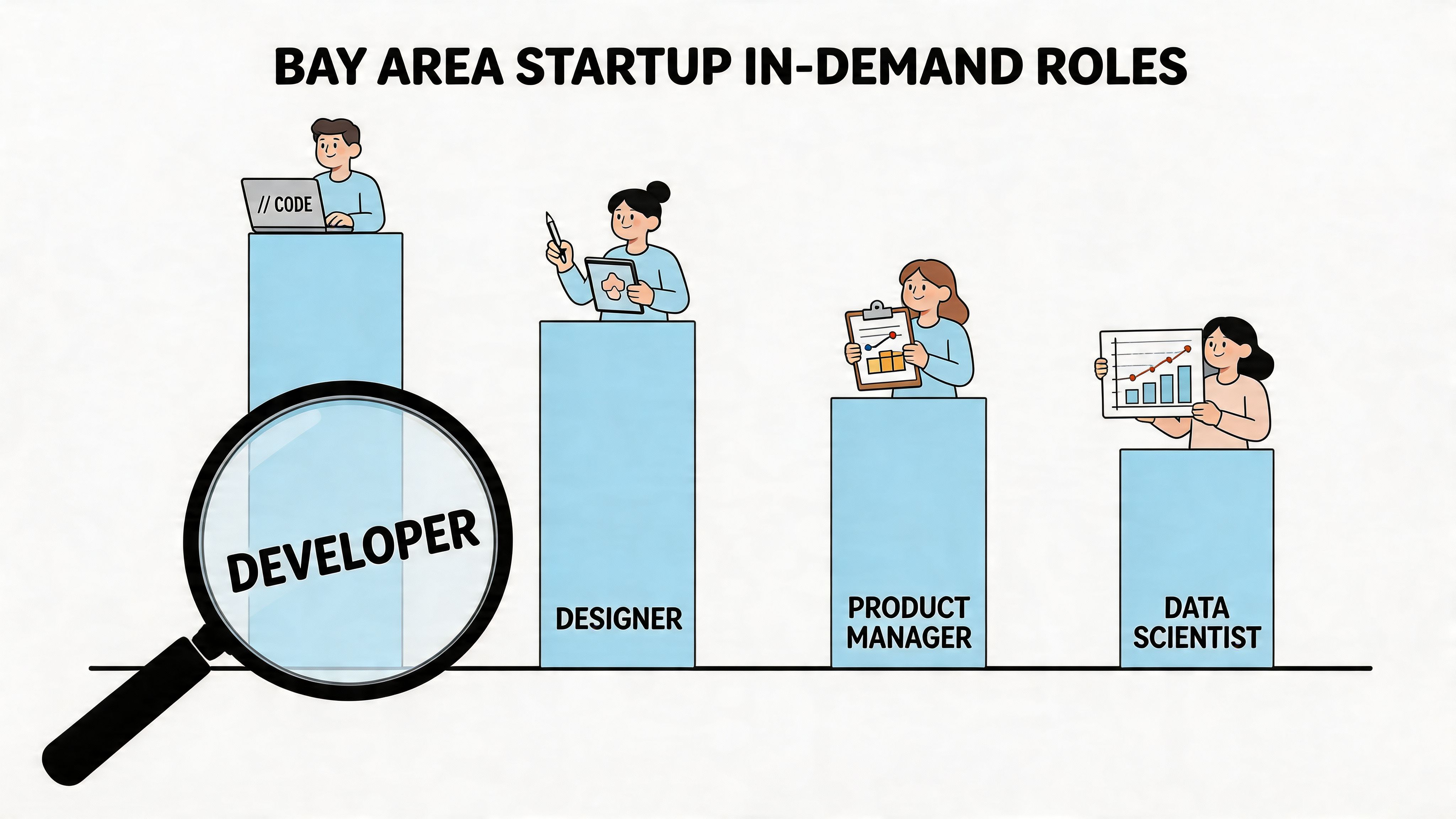 A bar chart illustration showing in-demand startup roles in the Bay Area including developer, designer, and manager.