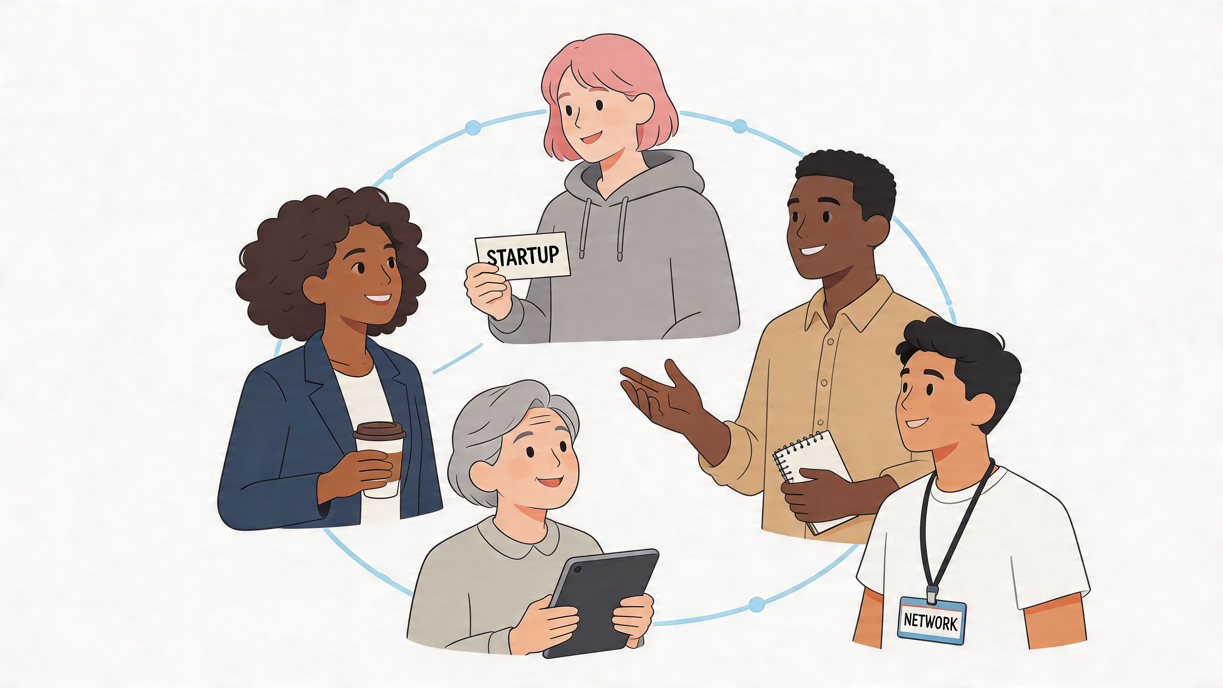 A diverse group of professionals interacting and collaborating in a modern business networking environment.