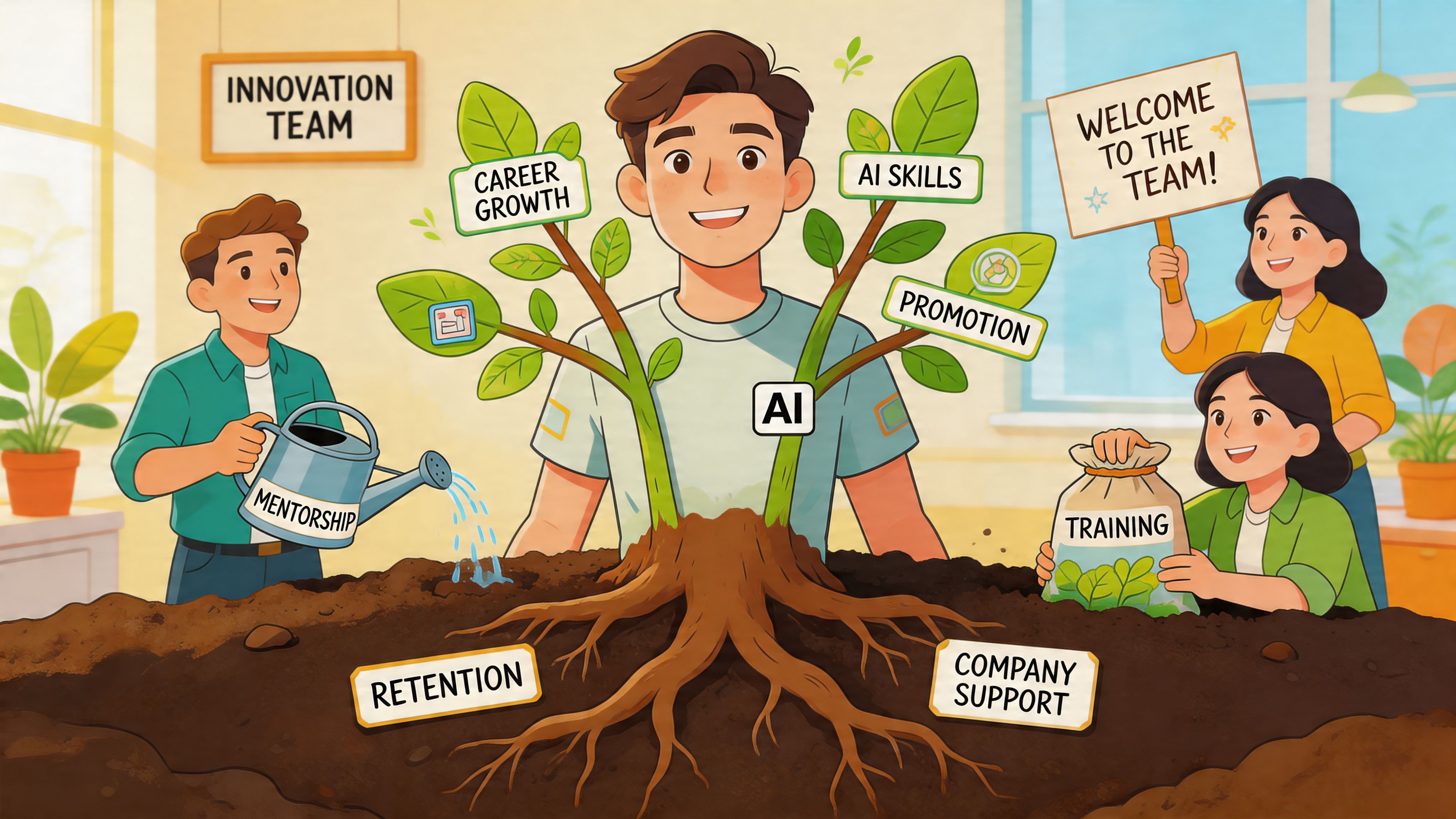A team illustrating employee development and AI integration with a person nurturing a growing tree