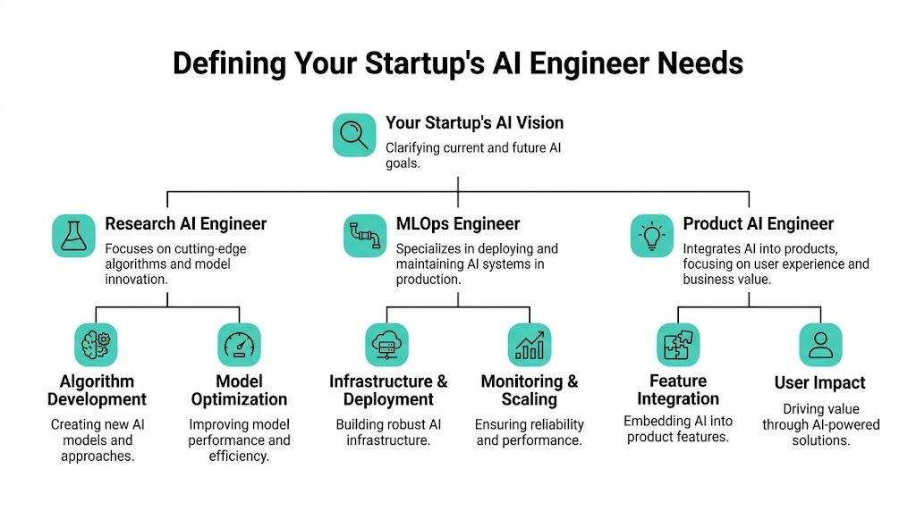 A hierarchy diagram titled Defining Your Startup's AI Engineer Needs showing the roles of Research, MLOps, and Product AI engineers.
