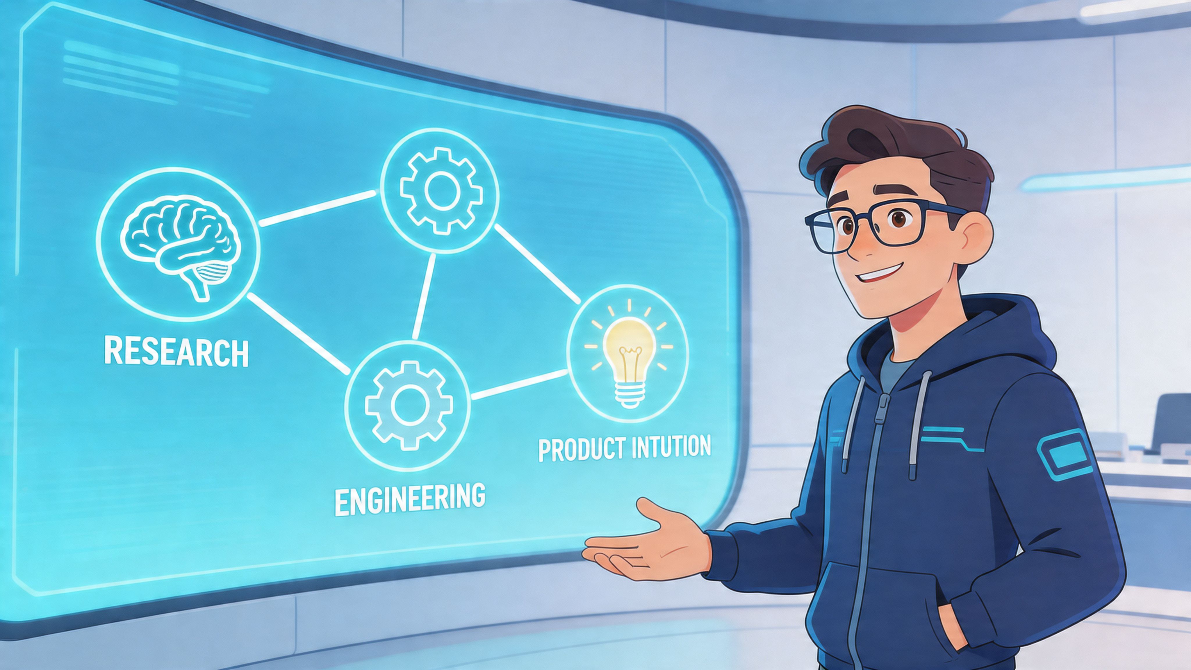 A cartoon man standing in front of a futuristic digital display showing icons for research, engineering, and product intuition.