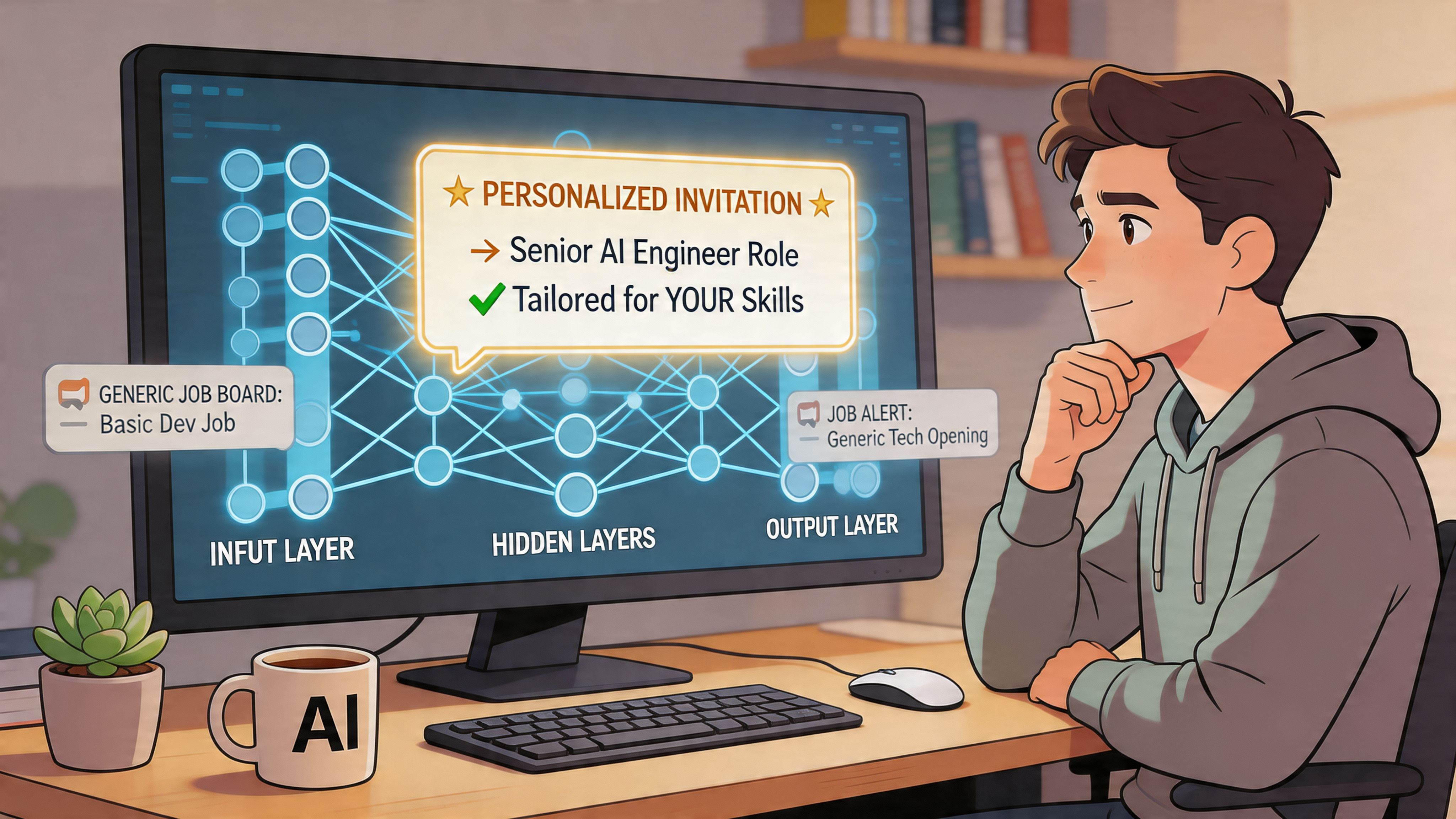 A young man sitting at his computer, receiving a personalized invitation for a senior AI engineer role.