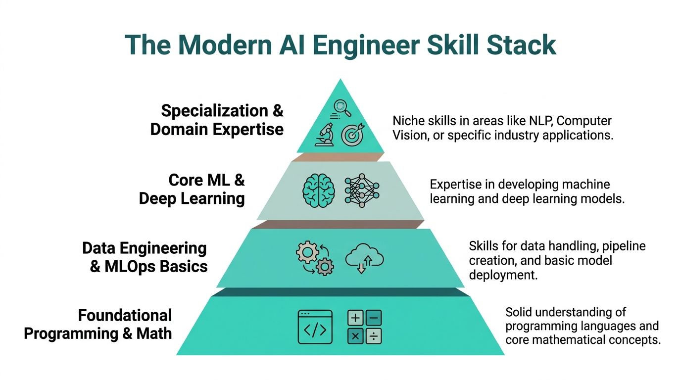 A hierarchical pyramid diagram illustrating the essential skill levels required for a modern AI engineer.