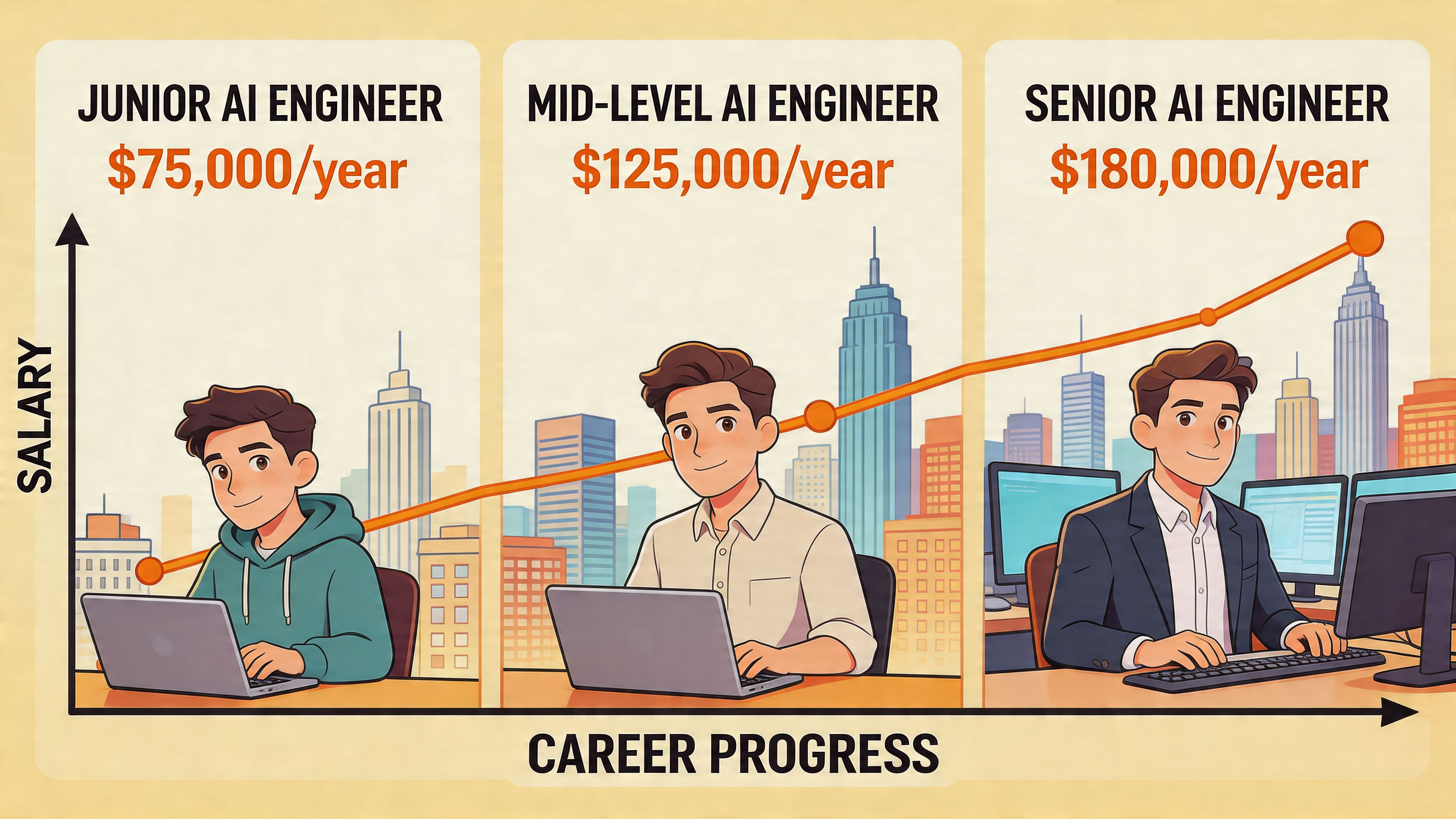 A line graph showing the salary progression of junior, mid-level, and senior AI engineers over time.