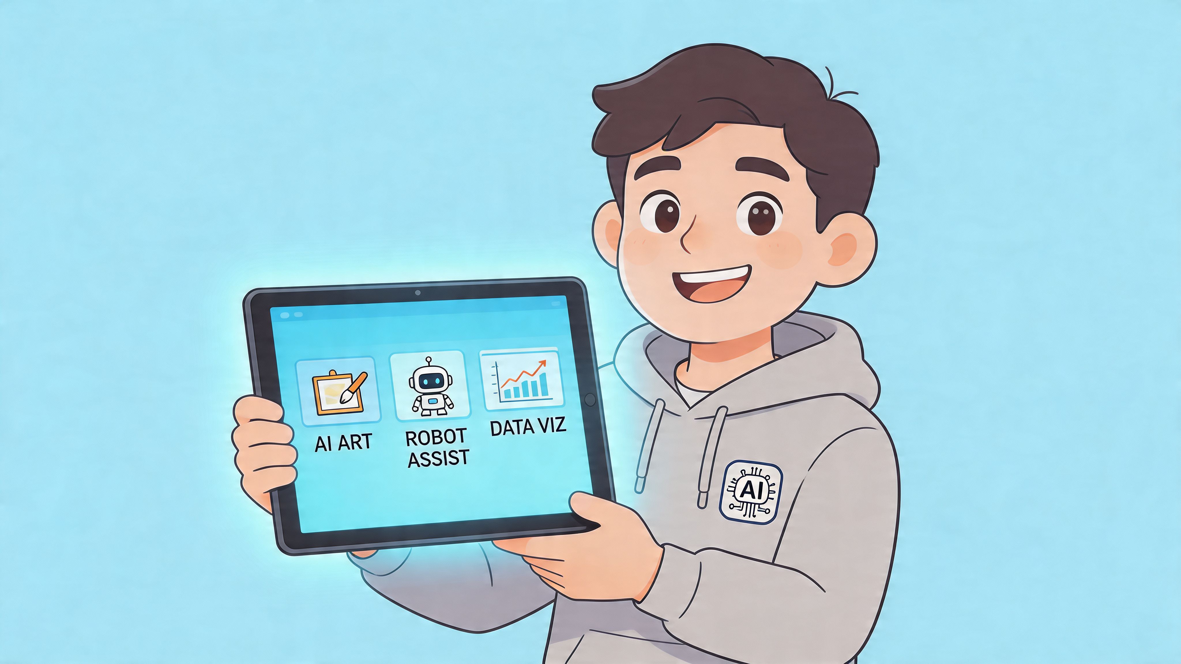 A happy young man holding a digital tablet displaying icons for AI art, robot assistance, and data visualization.